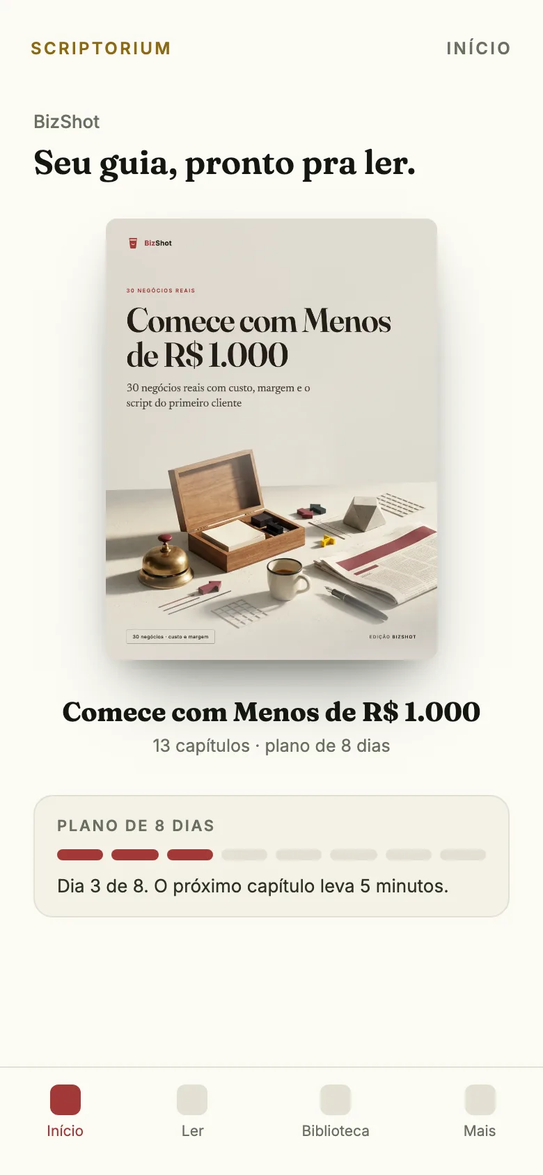 O guia Comece com Menos de R$ 1.000 aberto no app